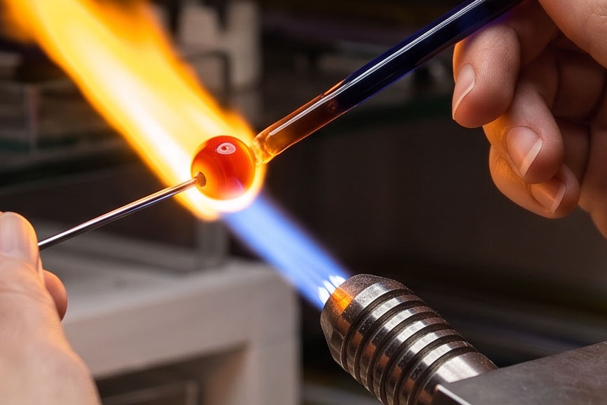 Eine Glasperle entsteht in der offenen Flamme eines Bunzenbrenners